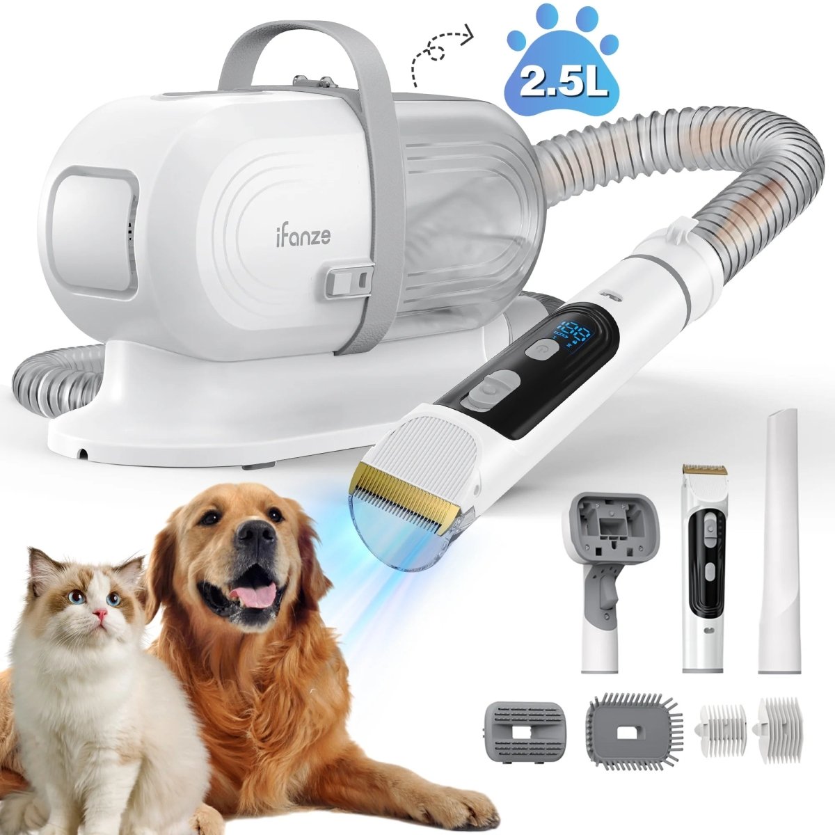 Kit de toilettage pour chiens avec aspirateur intégré de 14 kPa et 2,5 L pour poils d'animaux.