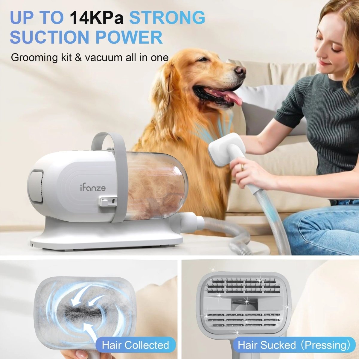Kit de toilettage pour chiens avec aspirateur intégré de 14 kPa et 2,5 L pour poils d'animaux.