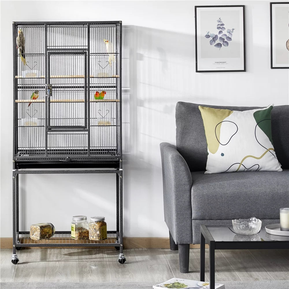 53.7'' H Rolling Bird Cage W/ Stand for Conures Parakeets Cockatiels,Black