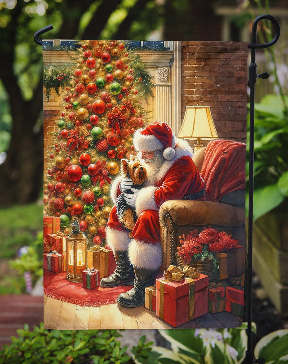 Yorkshire Terrier Yorkie with Santa Garden Flag – Christmas Dog Yard Decor