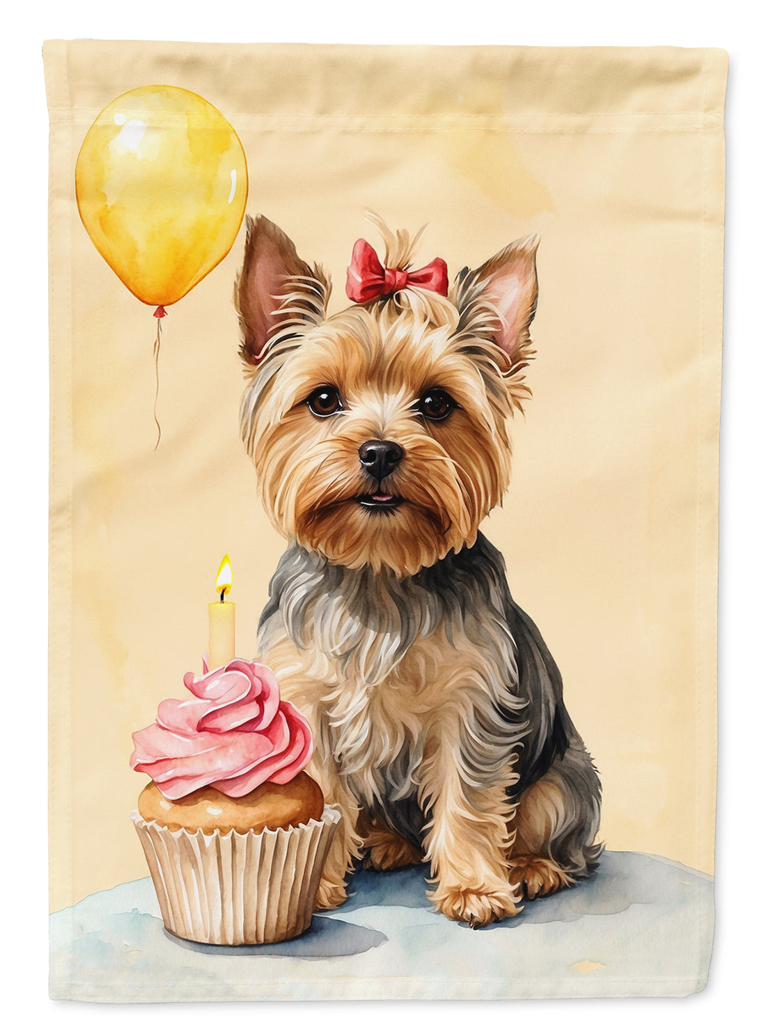 Yorkshire Terrier Happy Birthday Garden Flag –Dog Birthday Cupcake Yard Decor with Balloons