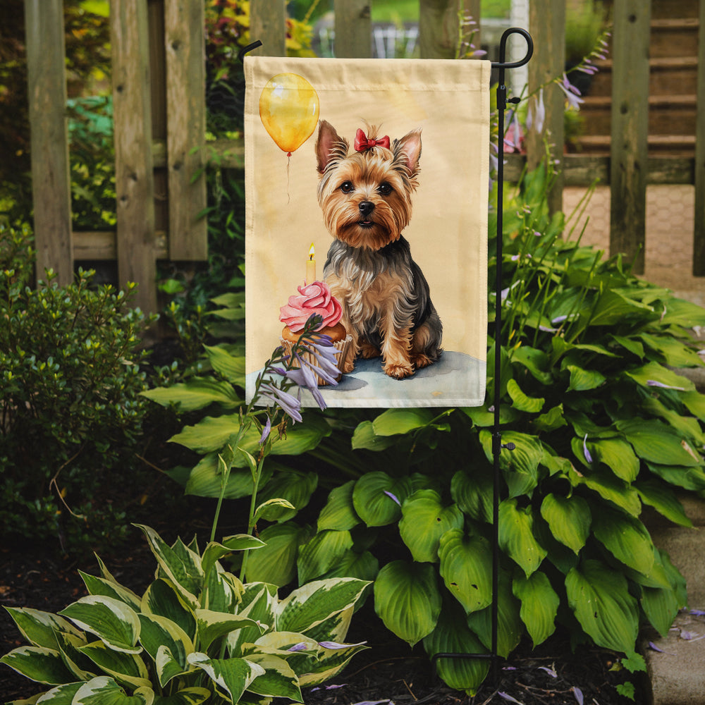 Yorkshire Terrier Happy Birthday Garden Flag –Dog Birthday Cupcake Yard Decor with Balloons