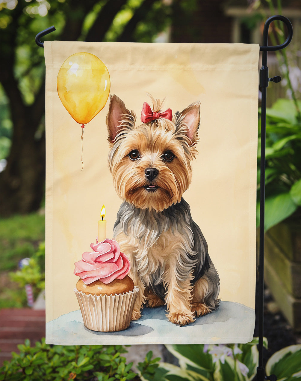 Yorkshire Terrier Happy Birthday Garden Flag –Dog Birthday Cupcake Yard Decor with Balloons
